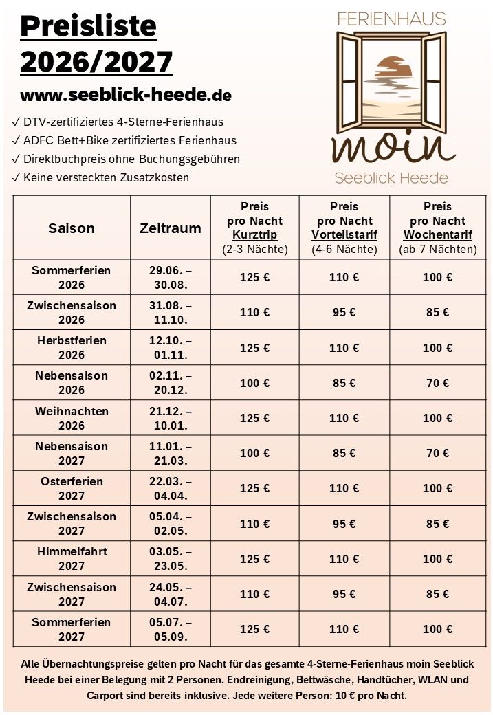 Preise & Inklusivleistungen im 4-Sterne-Ferienhaus moin Seeblick Heede Preise & Inklusivleistungen im 4-Sterne-Ferienhaus moin Seeblick Heede